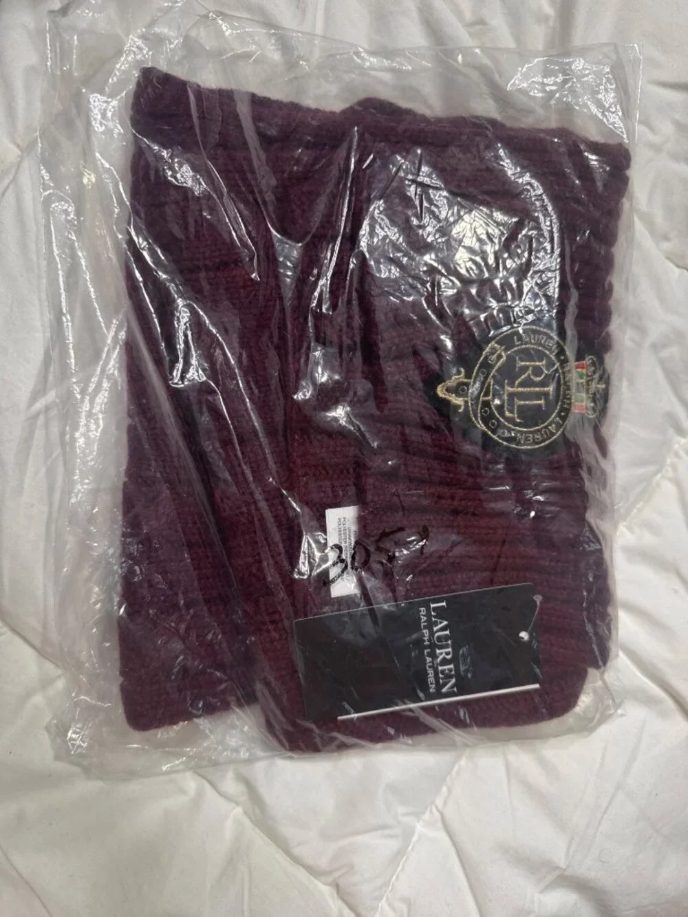 NWT Ralph Lauren Cable Knit Logo Scarf Burgundy Size One Size